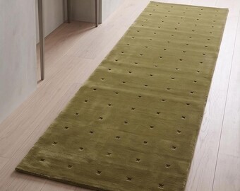 Olive Green NZ Wool Rug, Minimalist Textured Tufted Runner, Soft Hand-Tufted Carpet
