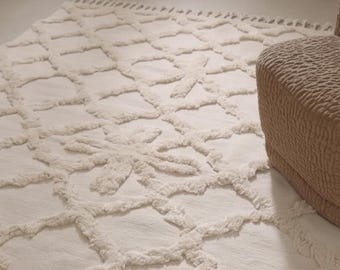 Nz wool rug cream geometric, high low pile, handwoven tassel living room rug