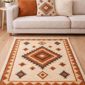 Southwestern Rug Cream Rust, Handmade Wool, Diamond Pattern