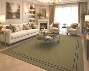 Hand Tufted Rug, Olive Green Rug, Wool, Modern Minimalist Border