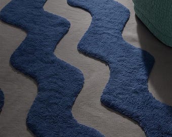 Modern Wavy Rug, New Zealand Wool, Blue Grey Decor, Textured Area Rug