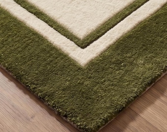 Hand Tufted Rug, New Zealand Wool, Green Border, Thick Pile, Custom Luxury Area Rug