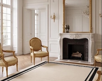 Hand Tufted New Zealand Wool Rug, Cream Neutral with Black Border