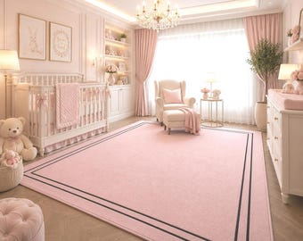 Pink Lounge Rug, Blush Pink Wool, Black Border, Custom Size