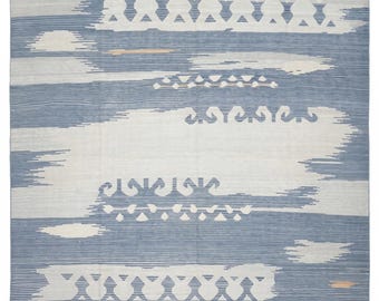 Modern Kilim Rug, Blue Area Rug, New Zealand Wool Flatweave, Handwoven Geometric Tribal