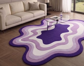 Custom Area Rug, New Zealand Wool, Wavy Shape, Purple Decor