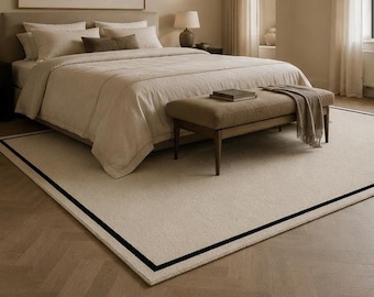Cream Black Border Hand Tufted Wool Rug, Modern Minimalist Area Rug, Luxury Living Room Rug, Contemporary Bedroom Carpet