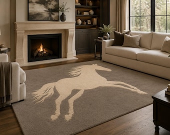 Hand-Tufted NZ Wool Running Horse Rug, Equestrian Living Room Carpet, Western Decor