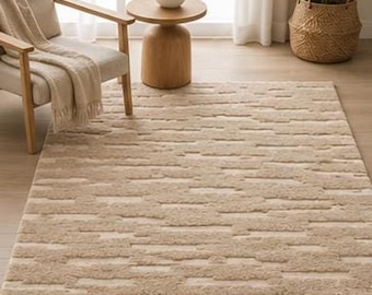 Hand Knotted NZ Wool Rug, Modern Beige Geometric Carpet, Textured Luxury Floor Rug
