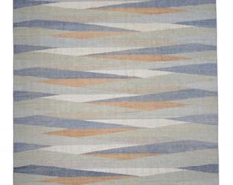 Handwoven Kilim, Blue Orange Rug, Wool Flatweave, Modern Living Room