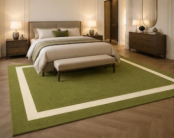 Hand Tufted Olive Green Wool Rug, Ivory Border, Modern Living Room Carpet
