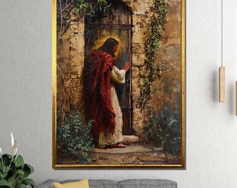 May include: A framed painting depicts a figure in a red robe knocking on a wooden door set in a stone wall. The artwork has a warm color palette with gold accents, and is surrounded by greenery.