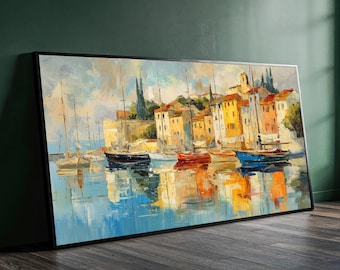 Mediterranean Harbor Wall Art - Sailboat Coastal Canvas Print - Colorful Seaside Town Painting - Nautical Home Decor