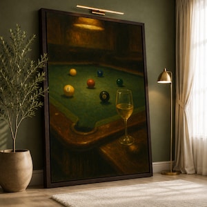 Vintage Pool Table Scene Canvas, Billiard Balls and Wine Glass Wall Art, Classic Game Room Decor, Retro Bar Canvas Decoration