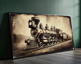 May include: Sepia-toned framed print of a vintage steam train. The locomotive is detailed with a large headlight, smokestack, and multiple wheels. The train is on a track, set against a sepia-toned background. The print is displayed on a dark wooden floor.