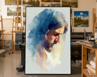 Può includere: Dipinto ad acquerello incorniciato di un uomo con la barba, raffigurato di profilo. L'opera presenta una tavolozza di blu, gialli e tonalità della pelle, creando un'atmosfera morbida e contemplativa. Il dipinto è esposto in uno studio.
