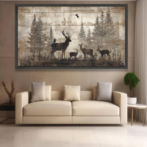 Rustic Woodland Deer Family Canvas, Vintage Forest Silhouette Wall Art, Nature Wildlife Canvas Decoration for Living Room image 2