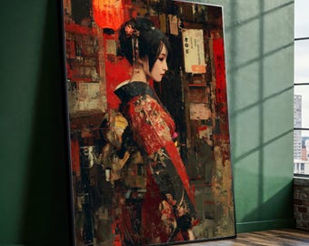 May include: A framed art print of a woman in a traditional Japanese kimono. The artwork features a color palette of red, black, and brown, with a textured, painterly style. The woman is depicted in profile, set against a backdrop of a street scene.