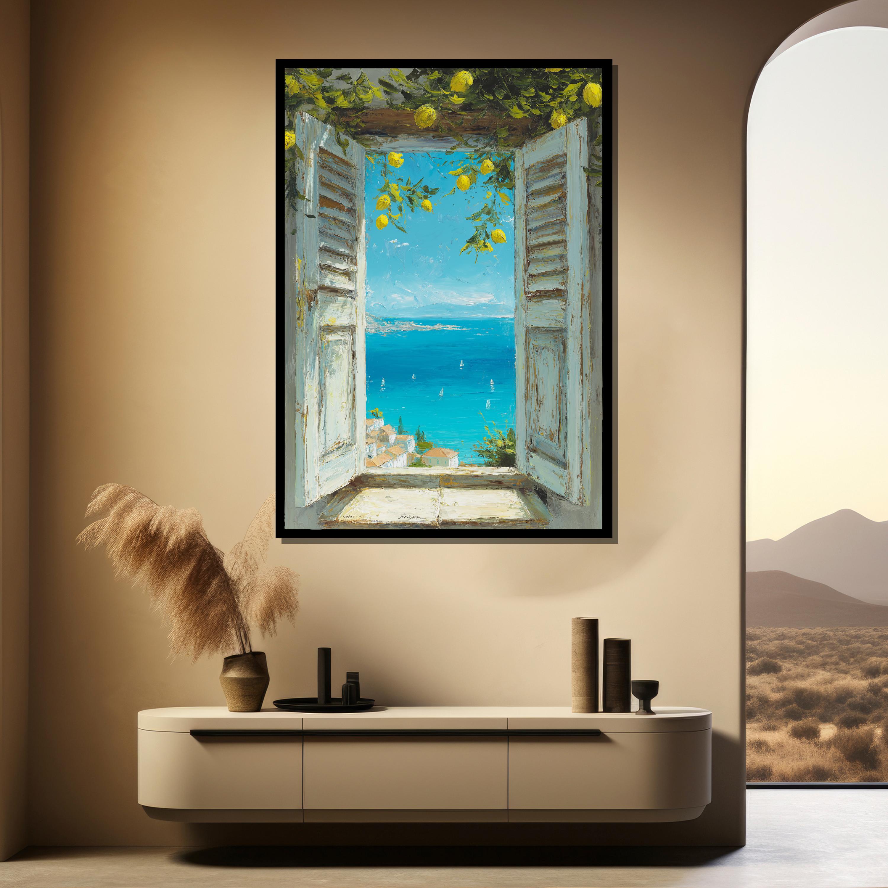 Open Window to Mediterranean Sea Canvas, Coastal Wall Art With