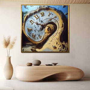 Surreal melting clock portal canvas painting ready to hang gift, whimsical time warped landscape evokes dreamy boho wall art,  modern decor