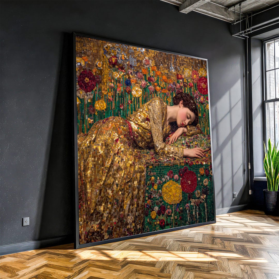 Gustav Klimt Mosaic Woman Sleeping Canvas, Gold Dress Floral Art ...
