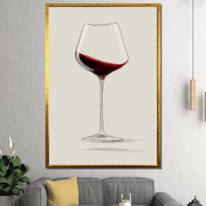 Elegant Wine Glass Sketch Canvas Painting, Minimalist Red Wine Line Art, Ready to Hang, Gift