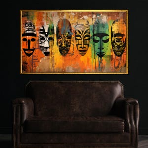 Abstract African Masks Canvas Painting, Tribal Ethnic Wall Art, Ready to Hang Boho Home Decor, Cultural Gift, Canvas Art Gift