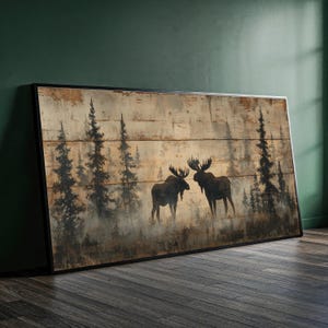 Rustieke eland silhouet canvas muurkunst, boslandschap schilderij, bos dieren decor, natuur rustieke woondecoratie