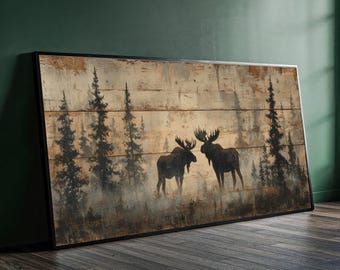 Rustic Moose Silhouette Canvas Wall Art, Forest Landscape Painting, Woodland Animal Decor, Nature Rustic Home Decoration