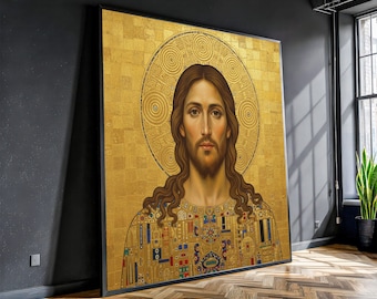 Gustav Klimt Style Jesus Portrait Canvas, Gold Religious Wall Art, Iconic Sacred Art Print, Spiritual Home Decor, Modern Classic Canvas