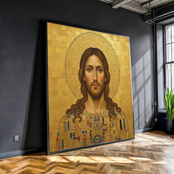 Gustav Klimt Style Jesus Portrait Canvas, Gold Religious Wall Art, Iconic Sacred Art Print, Spiritual Home Decor, Modern Classic Canvas