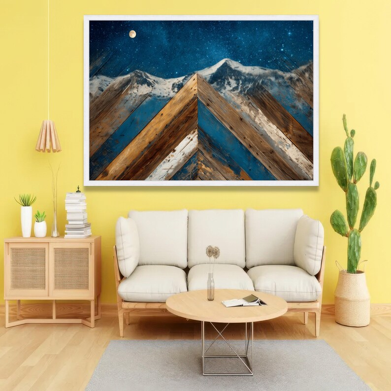 Rustic Mountain Landscape Canvas, Starry Night Sky Art, Wooden Wall Decor, Nature Scene Canvas, Moonlit Alpine View image 5