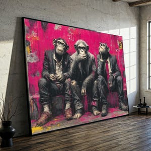 May include: A large framed print showing three chimpanzees in suits, set against a bright pink backdrop. The chimps are in contemplative poses, one covering its mouth, another looking upwards, and the third looking ahead. The artwork has a contemporary, urban style.
