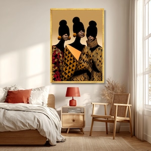 Elegant African Women Portrait Canvas, Modern Ethnic Fashion Art, Geometric Pattern Wall Decor, Stylish Female Silhouettes, Contemporary image 5