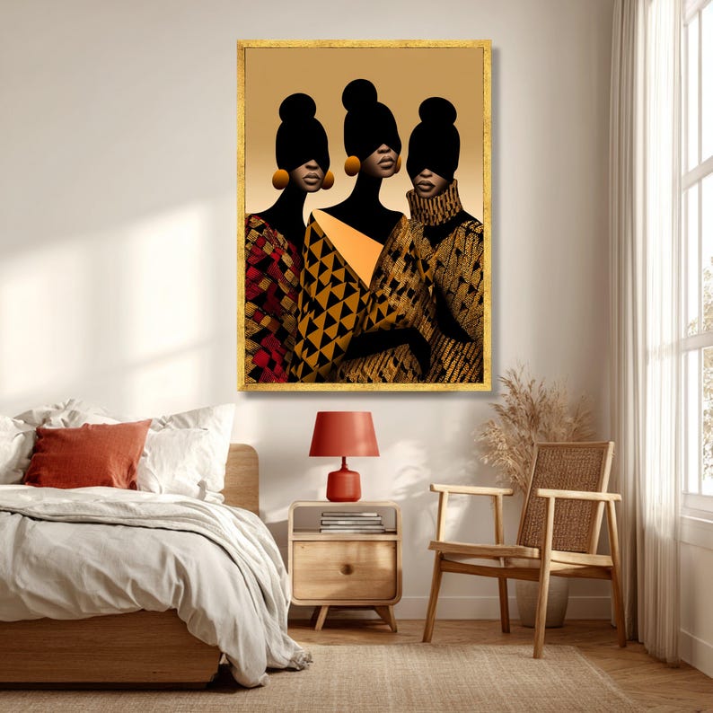 Elegant African Women Portrait Canvas, Modern Ethnic Fashion Art, Geometric Pattern Wall Decor, Stylish Female Silhouettes, Contemporary image 5