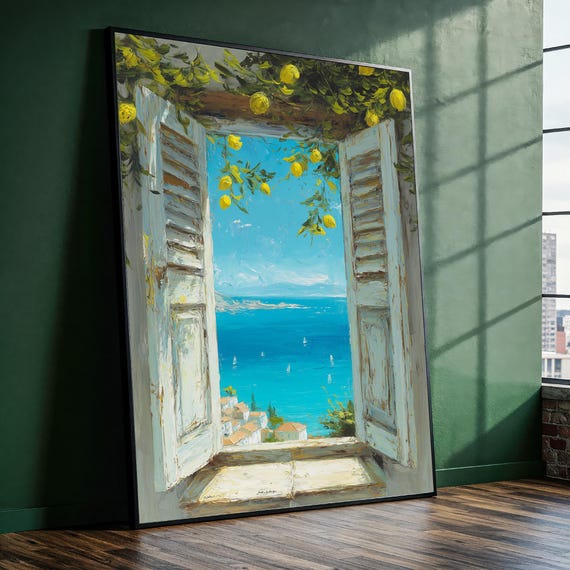 Open Window to Mediterranean Sea Canvas, Coastal Wall Art With