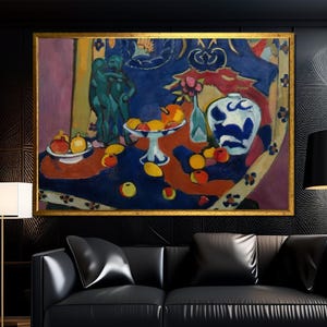 Henri Matisse inspired fruit and vase still life canvas painting, ready to hang, gift for boho mid century modern decor