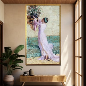 Elegant Lady with Flowers Canvas– Victorian Interior Scene Wall Art with Lilac Gown and Romantic Arrangement for Feminine Vintage Home Decor