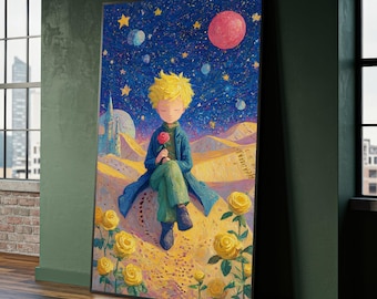 The Little Prince with Rose Canvas Wall Art, Starry Night Sky, Fantasy Children Illustration, Yellow Roses Landscape, Whimsical Home Decor