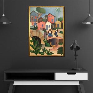 Puede incluir: Pintura enmarcada que representa una colorida escena de pueblo. La obra presenta casas en tonos rojos, azules y amarillos, con figuras de personas caminando sobre un puente. El follaje verde y el cielo azul completan la vibrante composici&oacute;n.