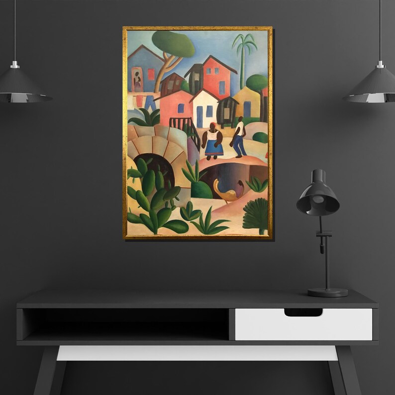 Puede incluir: Pintura enmarcada que representa una colorida escena de pueblo. La obra presenta casas en tonos rojos, azules y amarillos, con figuras de personas caminando sobre un puente. El follaje verde y el cielo azul completan la vibrante composici&oacute;n.