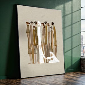 Könnte beinhalten: Abstrakter Kunstdruck mit einer Gruppe stilisierter Figuren in Braun- und Weißtönen. Eine kniende Figur in Weiß greift nach einer zentralen Figur. Das Kunstwerk ist schwarz gerahmt und vor einem neutralen Hintergrund ausgestellt.