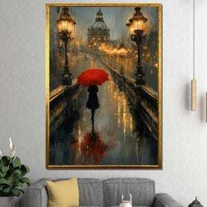 Red Umbrella Rainy City Canvas Painting – Romantic Night Street Wall Art, Ready to Hang, Gift for Her and Urban Dreamers