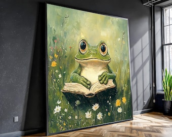 Whimsical Frog Canvas Painting – Cute Reading Animal Wall Art, Ready to Hang, Gift for Book and Nature Lovers