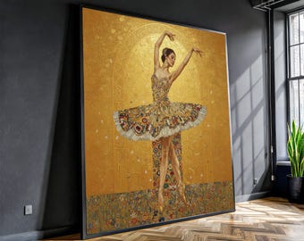 Elegant Ballerina Canvas Wall Art, Gustav Klimt Gold Ballet Painting, Decorative Dance Art, Classic Modern Canvas, Home Wall Decor