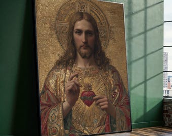 Sacred Heart of Jesus Canvas, Byzantine Gold Mosaic Wall Art, Klimt Religious Artwork, Luxury Spiritual Canvas Decoration