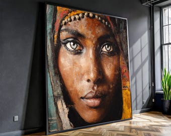 Ethnic Woman Portrait Canvas, African Beauty Wall Art, Rustic Face Painting, Canvas Artwork, Modern Bohemian Home Decor