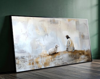 Jesus with Lamb Canvas Wall Art, Religious Spiritual Painting, Christian Home Decor, Faith Inspirational Canvas, Shepherd and Sheep Artwork