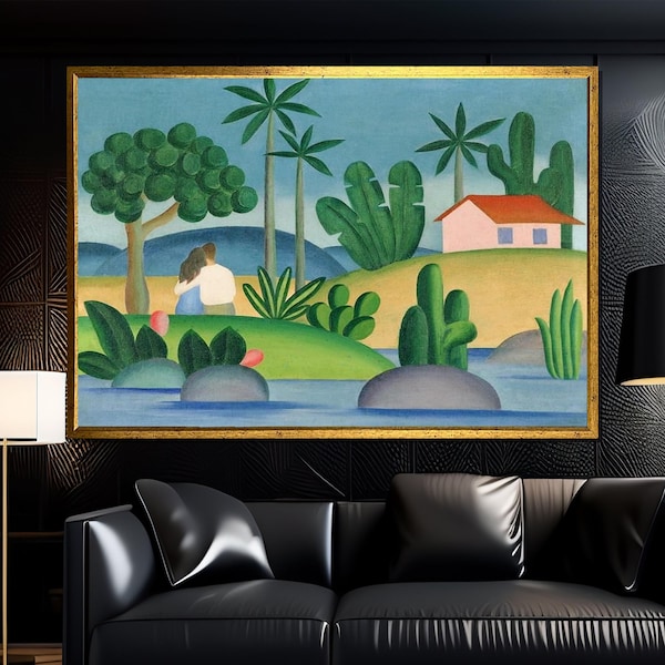 Tarsila do Amaral - Pintura de lienzo "Idílio" lista para colgar regalo arte popular boho pared arte decoración del hogar
