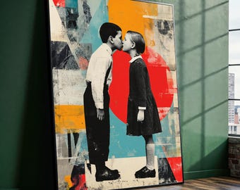 Vintage Kinder Kuss Kunst - Moderne Pop Art Liebe Leinwand - Abstrakter Retro Paar Druck - Romantisches, Wunderliches Dekor
